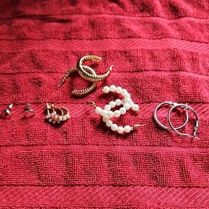 Gold-Tone and Pearl Hoop Earrings, Moons, Silver 5 Pairs Pierced Earrings